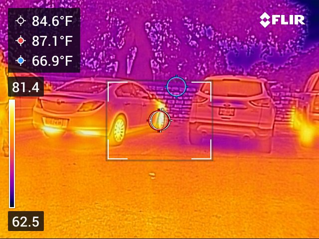 2023 04 14 14.35.26 Thermal Image Taken With A Flir Camerca Taken Of Cars And A Tree In The Walmart Parking Lot